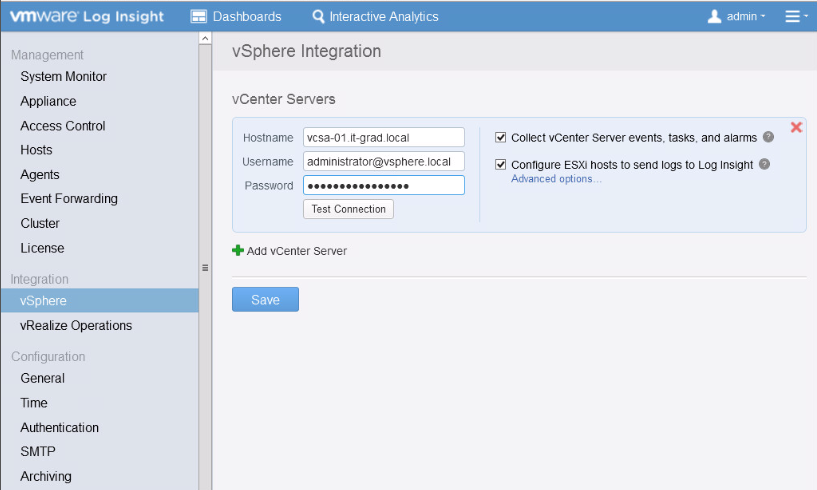 Окно vSphere Integration Окно vSphere Integration