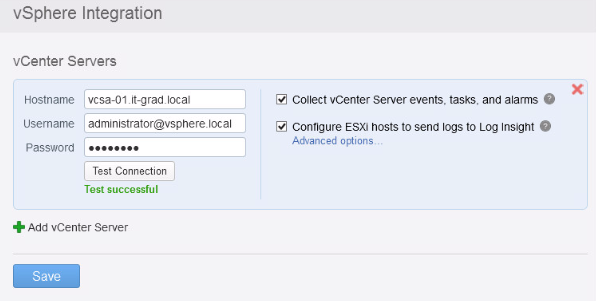 Окно vSphere Integration и успешный результат теста Окно vSphere Integration и успешный результат теста